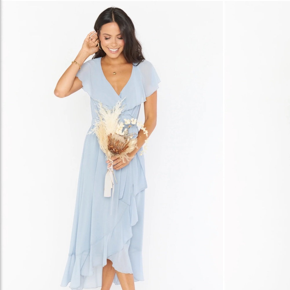 Show Me Your MuMu Jess Ruffle Midi Dress bridesmaid Steel Blue Chiffon Small